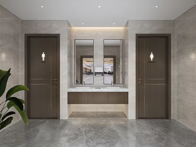 Modern Public Restroom Interior Design With Two Wooden Doors Vanity Mirrors Light Tiles And Plant 3d model
