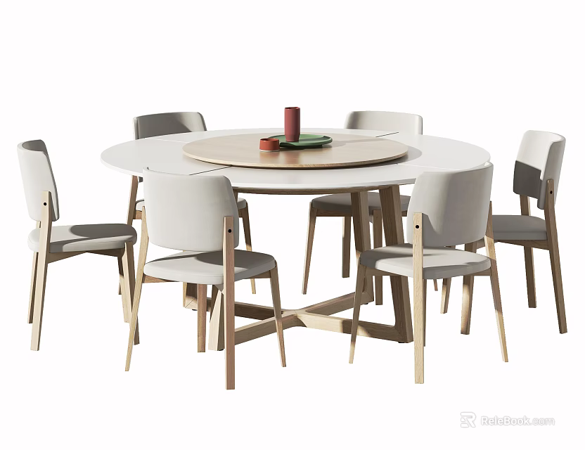 Light Wood Round Dining Table Set with Six Upholstered Chairs and Decorative Items 3d model