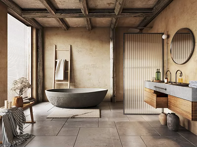 Hotel Bathroom Interior With Freestanding Bathtub Round Mirror Stone Countertop And Wooden Elements 3d model