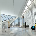 Modern Front Desk Reception in Elegant Lobby with Geometric Wall Glass Windows and Staircase
