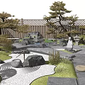 Karesansui Dry Landscape Garden With Raked Sand Japanese Pine Trees Rocks And Zen Tea Table