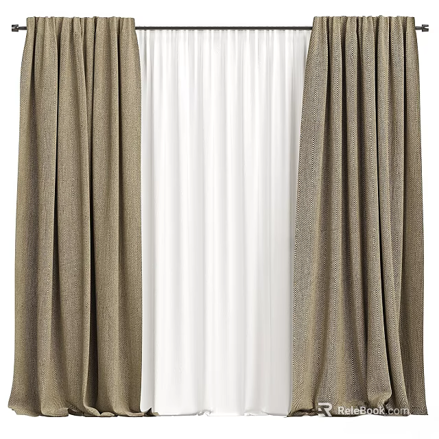 Brown Pleated Linen Curtains With White Sheer Layer For Home Window Decoration 3d model 