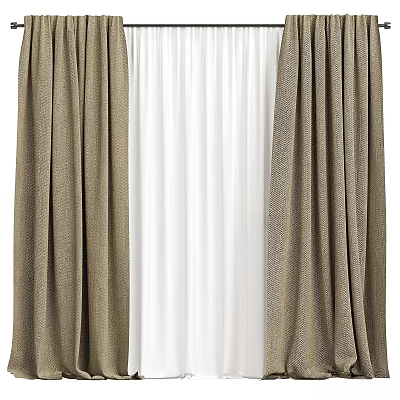 Brown Pleated Linen Curtains With White Sheer Layer For Home Window Decoration 3d model