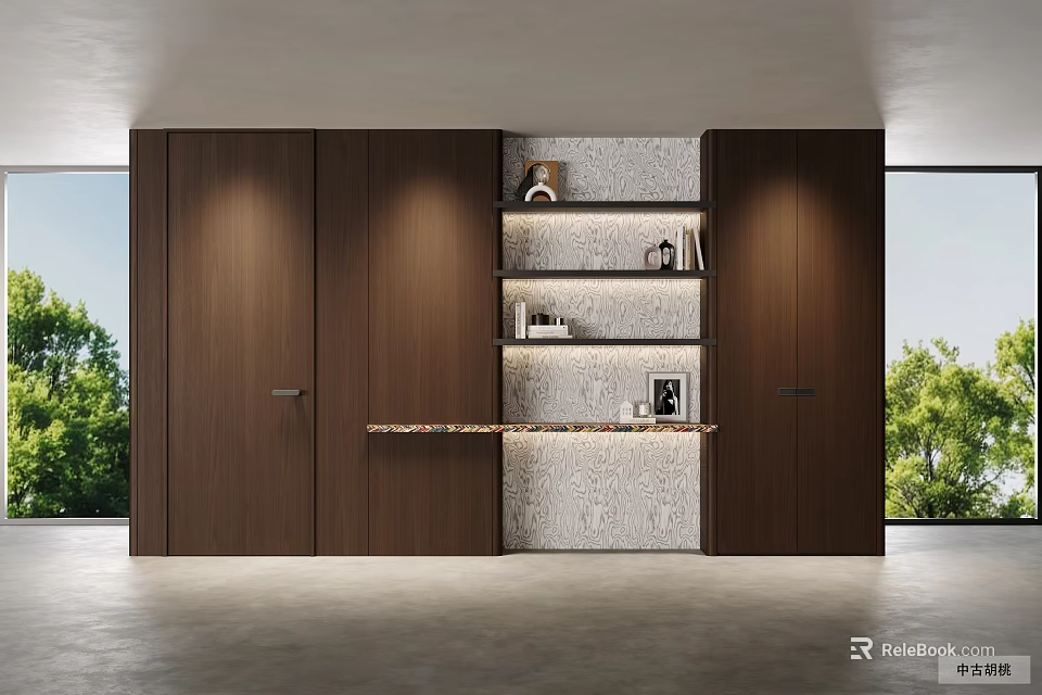 Modern Dark Brown Wooden Bookcase Interior Design With Open Shelves And Closed Cabinets 3d model 