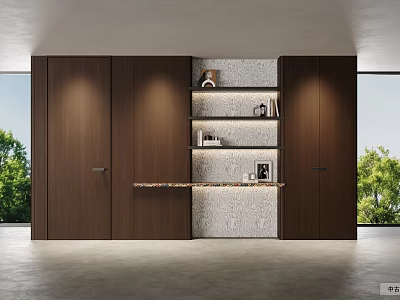 Modern Dark Brown Wooden Bookcase Interior Design With Open Shelves And Closed Cabinets 3d model