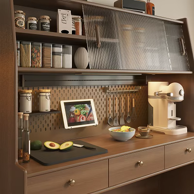 Wooden Kitchen Sideboard Featuring Storage Jars Coffee Maker Utensils And Food 3d model