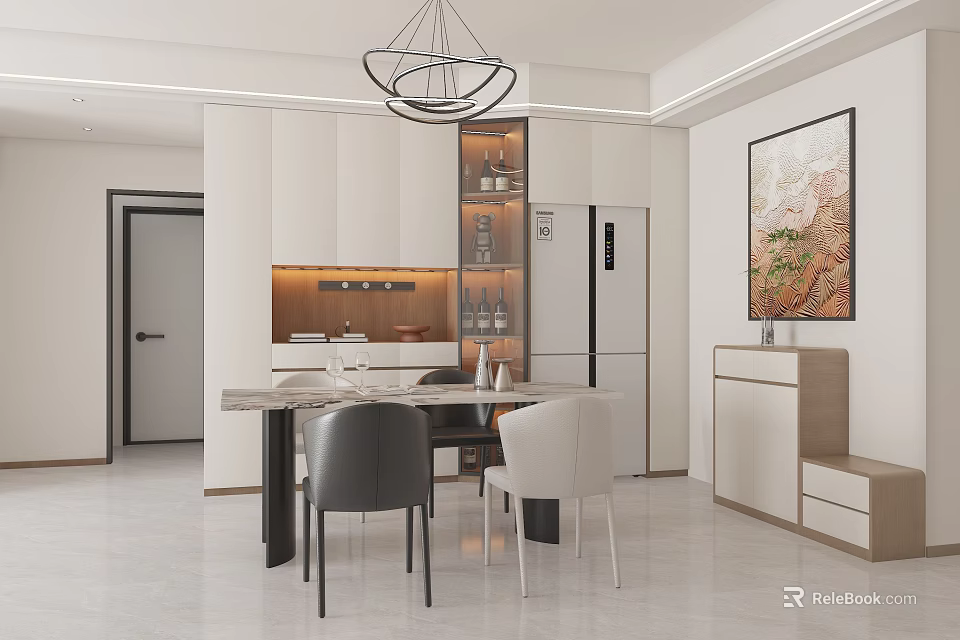 Modern Open Restaurant Interior With Dining Table Chairs Chandelier White Cabinets And Decorative Painting 3d model 