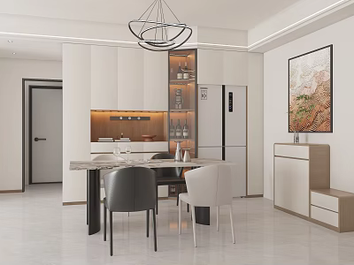 Modern Open Restaurant Interior With Dining Table Chairs Chandelier White Cabinets And Decorative Painting 3d model
