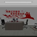 Red Themed Office Interior Design with Banner Desk Chairs Bookshelf and Sofa