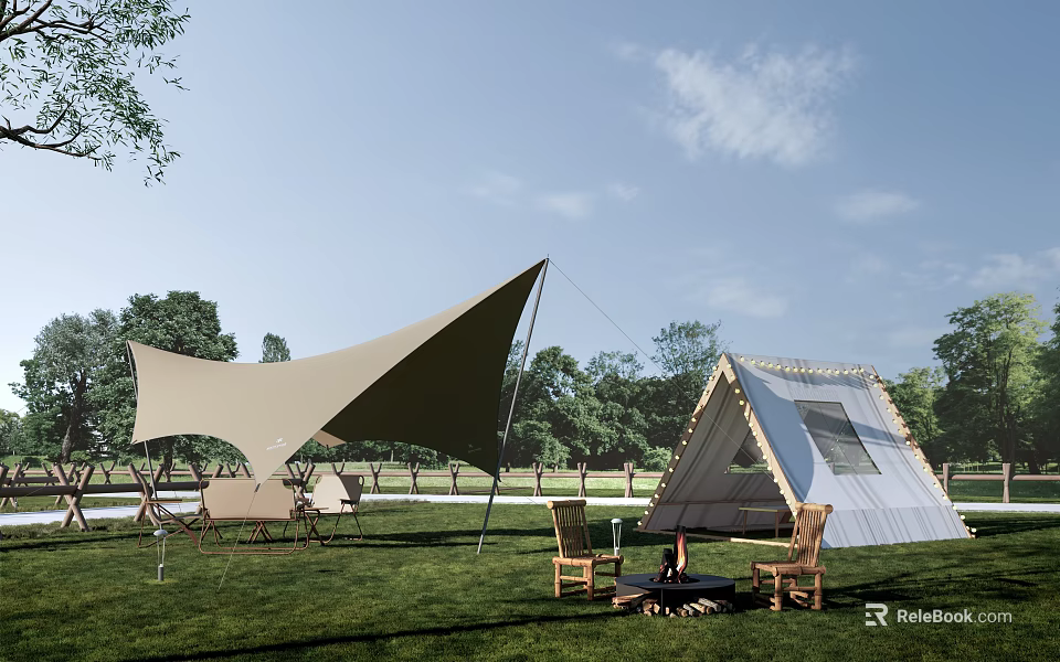 Modern Camping Tent in Grass Area With Canopy Chairs and Campfire 3d model 