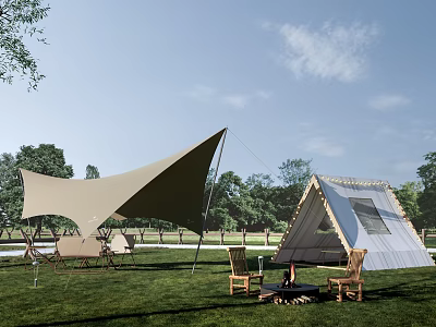 Modern Camping Tent in Grass Area With Canopy Chairs and Campfire 3d model