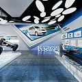 Modern Exhibition Hall Design With Engine Models Illuminated Platforms And Wall Screens 3d model
