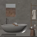 Freestanding White Bathtub With Wooden Ladder Towel Wall Painting And Decorative Items