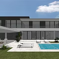 Modern Detached Villa Exterior With Large Glass Windows Swimming Pool And Lawn Area