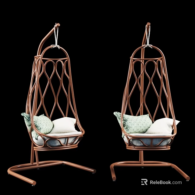 Woven Rattan Hanging Leisure Chair With Metal Stand And Soft Cushions 3d model 