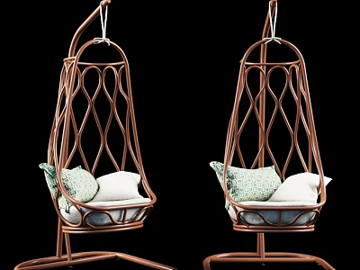 Woven Rattan Hanging Leisure Chair With Metal Stand And Soft Cushions 3d model