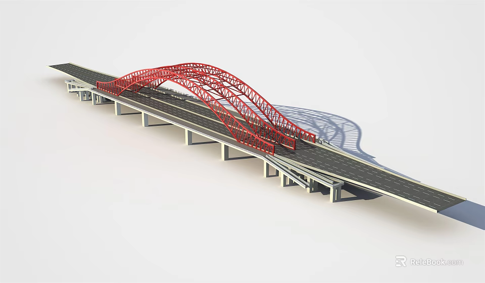 Red Curved Arch Bridge With Roadway And Concrete Supports On White Background 3d model 