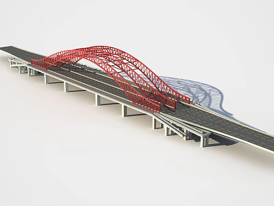 Red Curved Arch Bridge With Roadway And Concrete Supports On White Background 3d model