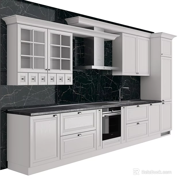 Elegant Modern Kitchen Interior Featuring White Cabinets Marble Countertop And Black Backsplash 3d model