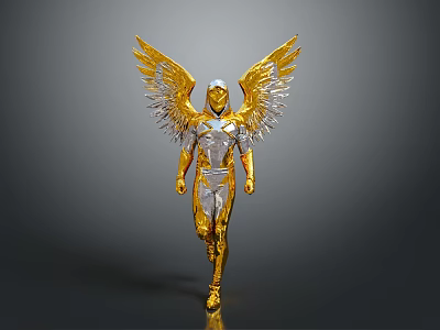 Golden Silver Angelic Figure With Metallic Wings In Walking Pose 3d model