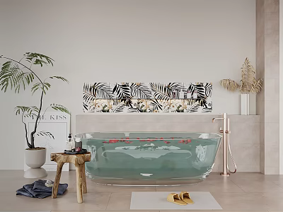 Modern Bathroom Interior Design with Transparent Bathtub Green Plants Zebra Print Decor and Wooden Stool 3d model