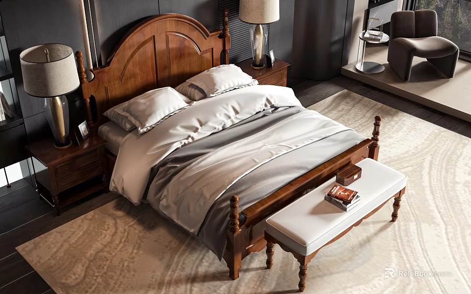 Classic Wooden Double Bed With White Bedding Nightstands Table Lamps And Bench On Rug 3d model 
