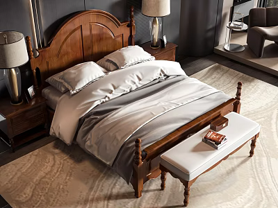 Classic Wooden Double Bed With White Bedding Nightstands Table Lamps And Bench On Rug 3d model