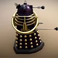 Purple And Gold Robot Character With Spherical Armor Sensors And Mechanical Arm