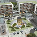 Modern Commercial Street Featuring Retail Shops Pedestrians Benches Fountains and Greenery
