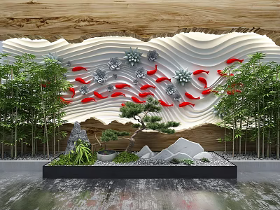 Artistic Garden Ornament with Red Fish Wavy Wall Bamboo Plants Small Pine Tree and Stones 3d model