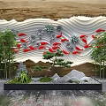 Artistic Garden Ornament with Red Fish Wavy Wall Bamboo Plants Small Pine Tree and Stones