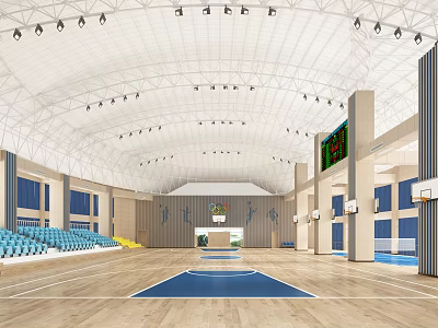 Spacious Indoor Basketball Court With Wooden Floor Blue Seats And Scoreboard 3d model