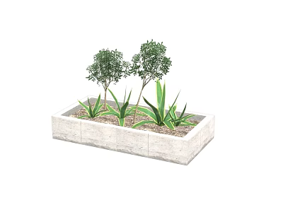 Potted Plants In Stone Rectangular Planter With Small Trees And Agave Like Plants 3d model