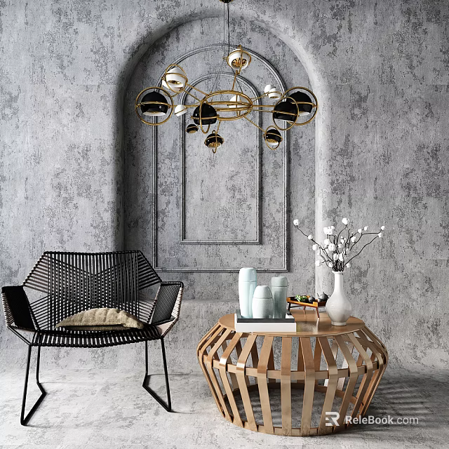 Black Woven Leisure Chair With Gray Wall Wooden Geometric Coffee Table Vase And Chandelier 3d model 