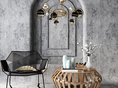 Black Woven Leisure Chair With Gray Wall Wooden Geometric Coffee Table Vase And Chandelier 3d model