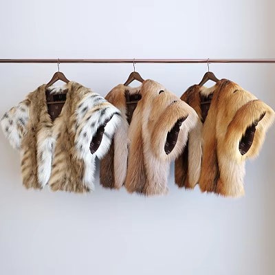 Stylish Fur Capes Hanging On Wooden Rack With Variegated White Light And Dark Brown Colors 3d model