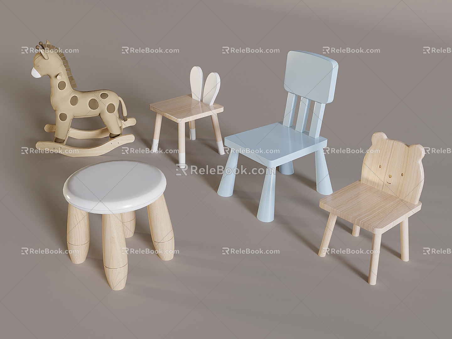 Children's Four Corner Chair Children's Round Stool Rocking Horse Trojan Horse Children's Solid Wood Backrest Chair Cartoon Children's Chair model