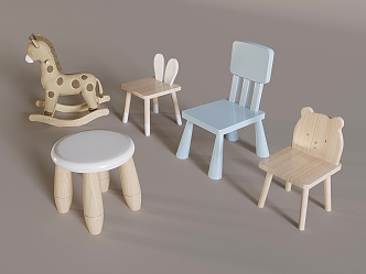 Children's Four Corner Chair Children's Round Stool Rocking Horse Trojan Horse Children's Solid Wood Backrest Chair Cartoon Children's Chair 3d model