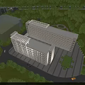 Modern Office Buildings Surrounded By Green Trees And Lawn With Parking Area And Road Access