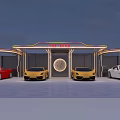 Carport with TIME RACING Sign and Red Yellow White Sports Cars
