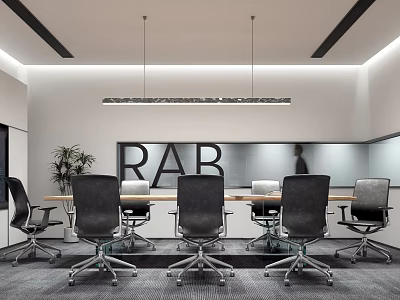Modern Conference Room Interior With Long Table Black Chairs Hanging Lights And Plant 3d model