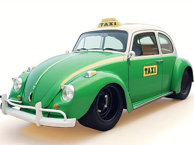 Vintage Green And White Volkswagen Beetle Taxi Car With Roof Sign 3d model