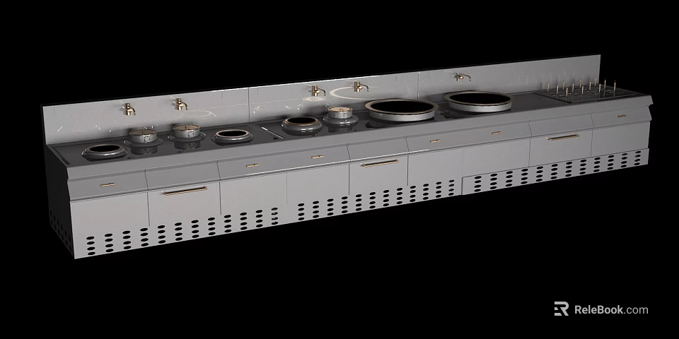 Modern Commercial Kitchen Cabinets With Multiple Stovetops Knobs And Ventilation Holes 3d model