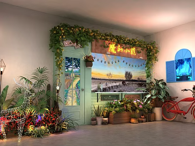 Charming Magic Shop Exterior With Green Plants Decorative Lights Red Bicycle And Wooden Signboard 3d model