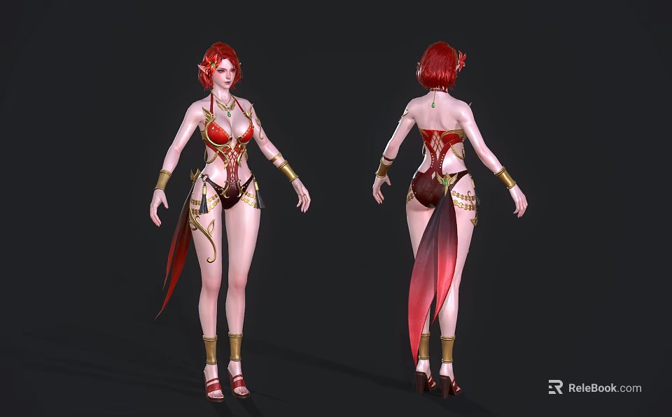 Red Haired Woman In Red And Gold Outfit With Decorative Tail Standing Pose 3d model 
