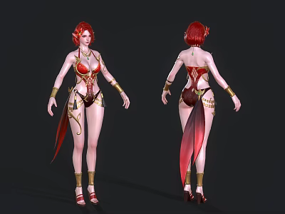 Red Haired Woman In Red And Gold Outfit With Decorative Tail Standing Pose 3d model