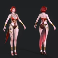 Red Haired Woman In Red And Gold Outfit With Decorative Tail Standing Pose