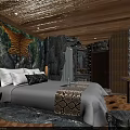 Hotel Guest Room With Wooden Ceiling Stone Walls Jungle Mural White Pillows And Table Lamps