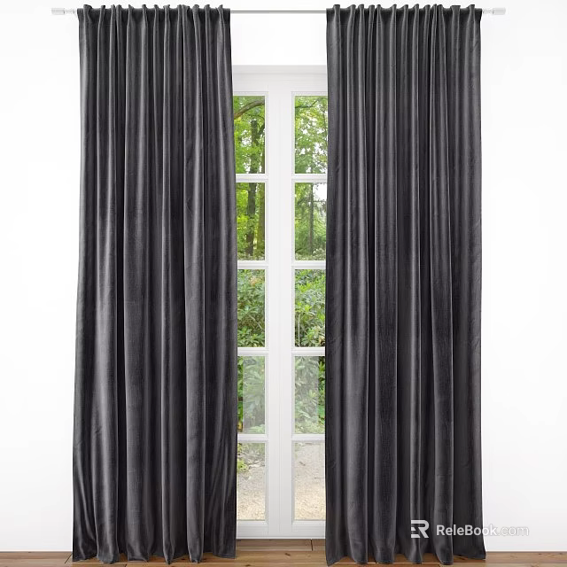 Black Curtains Framing White Window With Green Outdoor Tree View In Room 3d model 