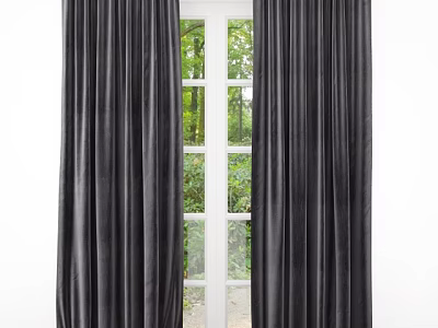 Black Curtains Framing White Window With Green Outdoor Tree View In Room 3d model